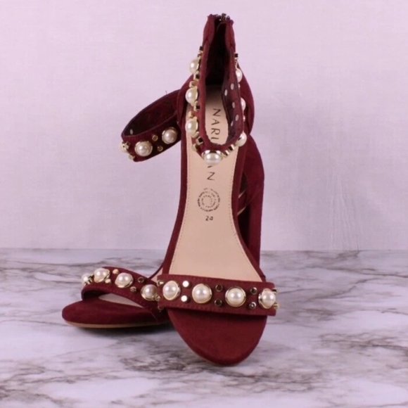 NariuWan Burgundy Pearl Studded Block Heel Sandals Size 7.5 Women's Open Toe - Picture 8 of 8